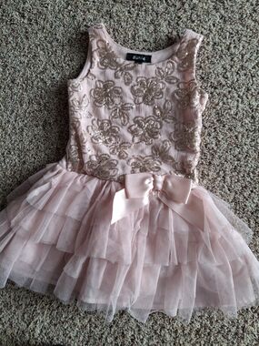 Zunie Pink Tulle Dress with Gold Sequin Floral Bodice and Bow